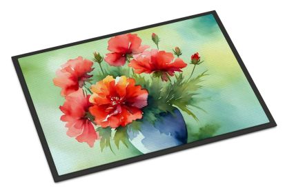 NEW Ohio Scarlet Carnations in Watercolor Doormat Front Door Mat Indoor Outdoor Rugs for Entryway, Non Slip Washable Low Pile, 18H X 27W